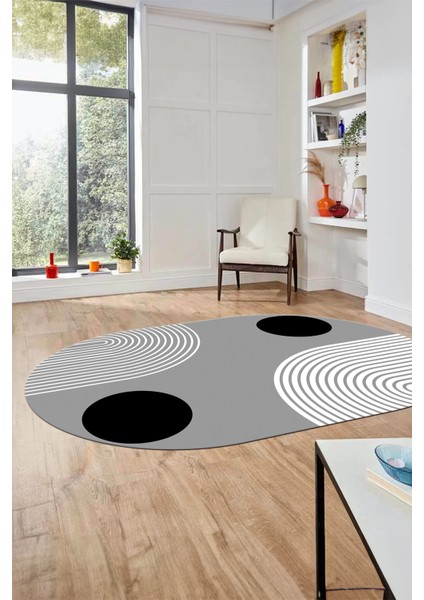 Baskılı Kaymaz Yıkanabilir Oval Koridor Halısı Mutfak Halısı Salon Halısı O-Modern-52-Gri