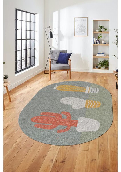 Kaktüs Desen Baskılı Kaymaz Taban Yıkanabilir Modern Oval Yolluk Salon Halısı O-MODERN-106-VİZON fiyatları