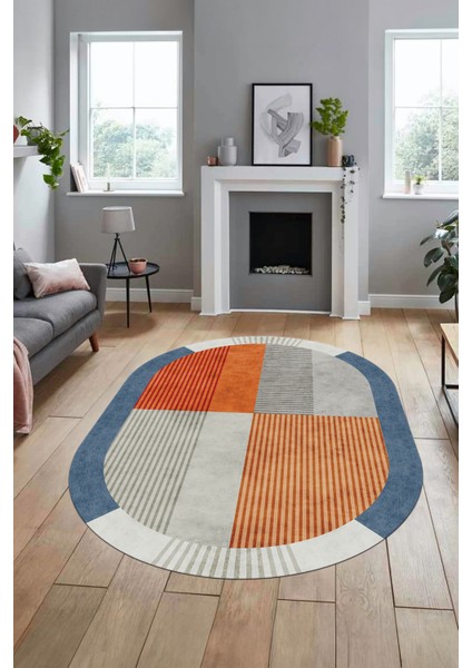 Baskılı Kaymaz Taban Yıkanabilir Modern Şık Oval Yolluk Mutfak Salon Halısı O-MODERN-107-RENKLİ fırsatları