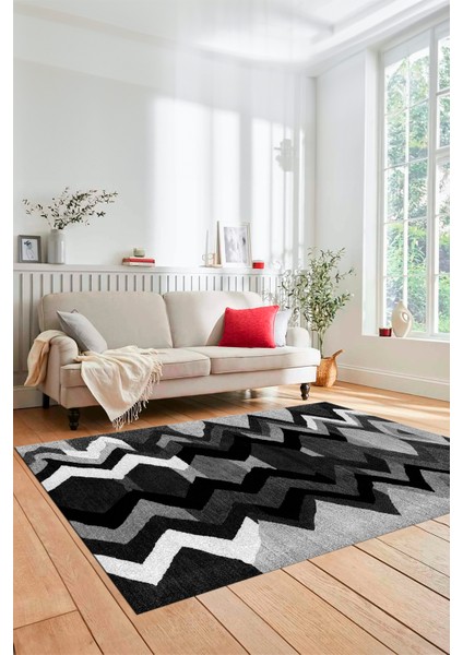 Etnik Modern Desen Dijital Kaymaz Yıkanabilir Yolluk Mutfak Salon Halısı Modern-24-Antrasit