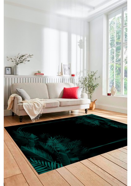 Modern Yaprak Desen Dijital Kaymaz Yıkanabilir Yolluk Mutfak Salon Halısı Modern-26-Turkuaz