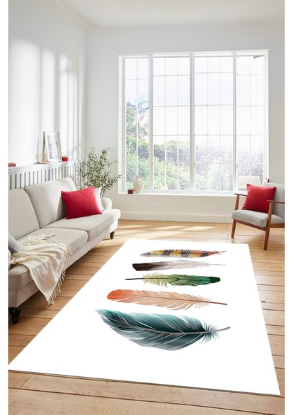 Yaprak Desen Baskılı Kaymaz Taban Yıkanabilir Modern Yolluk Salon Halısı MODERN-114-BEYAZ fırsatları