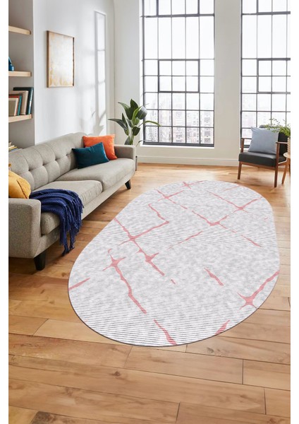 Şık Sade Modern Desenli Dijital Kaymaz Yıkanabilir Oval Yolluk Salon Halısı O-Modern-72-Pembe