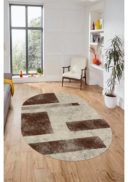 Baskılı Kaymaz Taban Yıkanabilir Modern Oval Yolluk Mutfak Salon Halısı O-Modern-93-Kahve