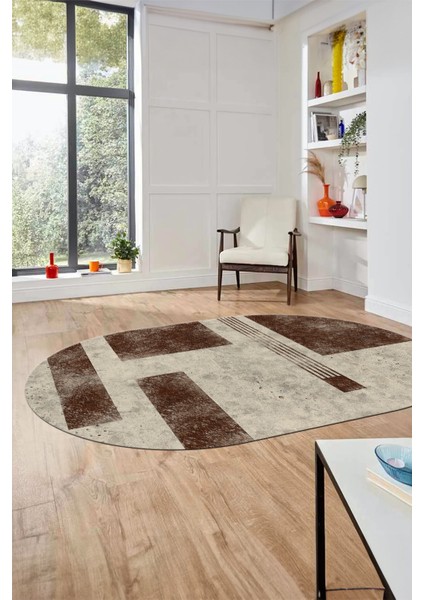 Baskılı Kaymaz Taban Yıkanabilir Modern Oval Yolluk Mutfak Salon Halısı O-Modern-93-Kahve fiyatları