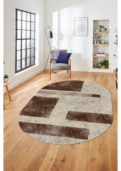 Baskılı Kaymaz Taban Yıkanabilir Modern Oval Yolluk Mutfak Salon Halısı O-Modern-93-Kahve modelleri