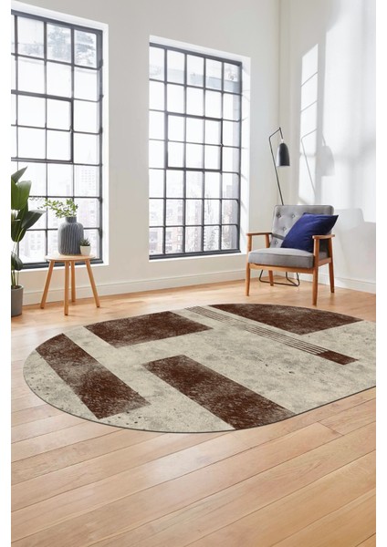 Baskılı Kaymaz Taban Yıkanabilir Modern Oval Yolluk Mutfak Salon Halısı O-Modern-93-Kahve fırsatları