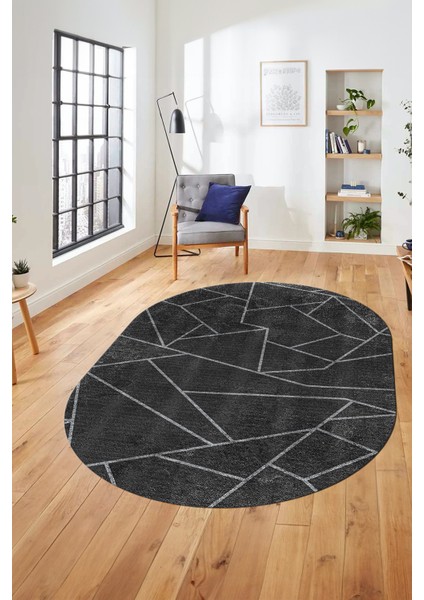 Sade Desenli Baskılı Kaymaz Taban Yıkanabilir Oval Yolluk Salon Halısı O-MODERN-117-ANTRASİT fiyatları
