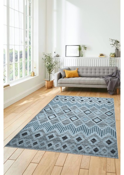 Baskılı Kaymaz Yıkanabilir Şık Kilim Desen Yolluk Mutfak Halısı Salon Halısı Modern-67-Mavi