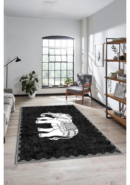Fil Desen Baskılı Kaymaz Taban Yıkanabilir Modern Yolluk Salon Halısı MODERN-101-ANTRASİT