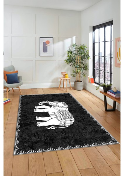 Fil Desen Baskılı Kaymaz Taban Yıkanabilir Modern Yolluk Salon Halısı MODERN-101-ANTRASİT modelleri