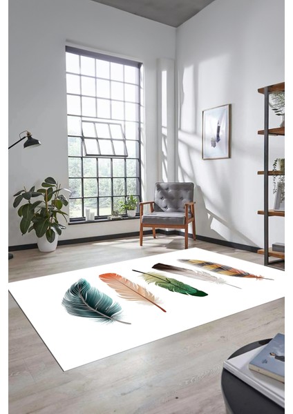 Yaprak Desen Baskılı Kaymaz Taban Yıkanabilir Modern Yolluk Salon Halısı MODERN-114-BEYAZ
