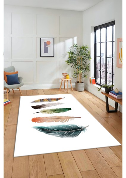 Yaprak Desen Baskılı Kaymaz Taban Yıkanabilir Modern Yolluk Salon Halısı MODERN-114-BEYAZ fiyatları