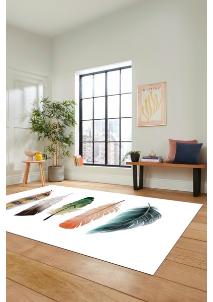 Yaprak Desen Baskılı Kaymaz Taban Yıkanabilir Modern Yolluk Salon Halısı MODERN-114-BEYAZ modelleri