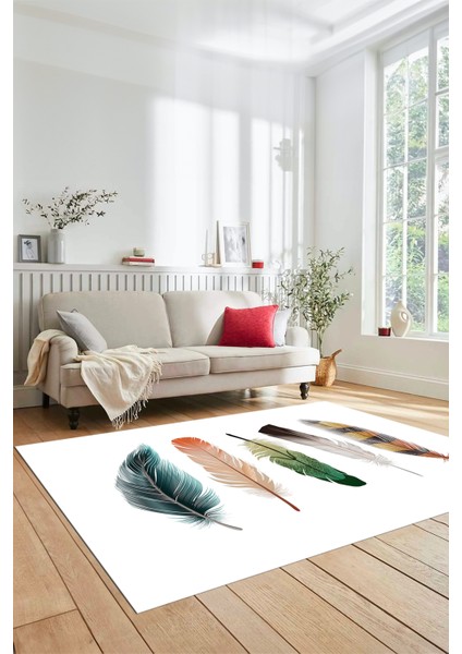 Yaprak Desen Baskılı Kaymaz Taban Yıkanabilir Modern Yolluk Salon Halısı MODERN-114-BEYAZ indirimleri