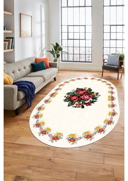 Modern Çiçek Dijital Kaymaz Yıkanabilir Oval Yolluk Mutfak Salon Halısı O-Modern-20-Krem fırsatları