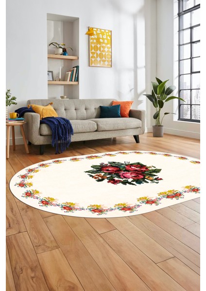 Modern Çiçek Dijital Kaymaz Yıkanabilir Oval Yolluk Mutfak Salon Halısı O-Modern-20-Krem indirimleri