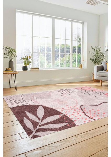 Yaprak Desen Modern Tasarım Dijital Kaymaz Yıkanabilir Yolluk Mutfak Salon Halısı Modern-79-Pembe