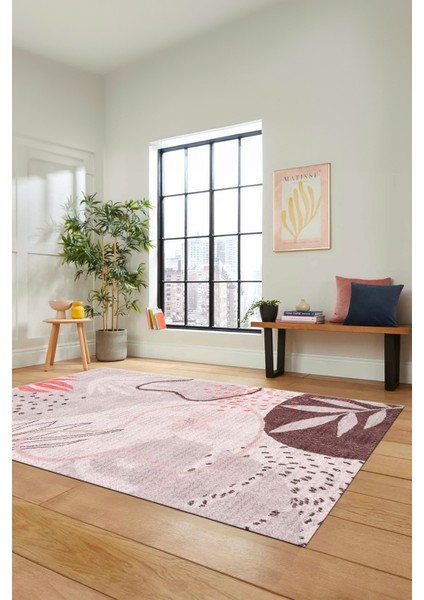 Yaprak Desen Modern Tasarım Dijital Kaymaz Yıkanabilir Yolluk Mutfak Salon Halısı Modern-79-Pembe indirimleri