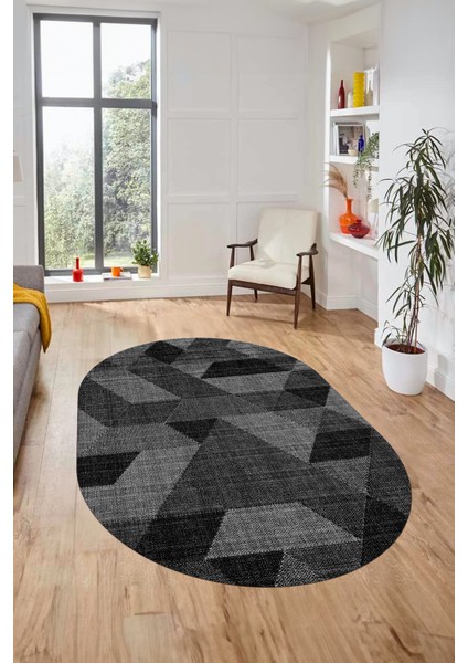 Baskılı Kaymaz Taban Yıkanabilir Modern Şık Oval Yolluk Mutfak Salon Halısı O-Modern-96-Antrasit