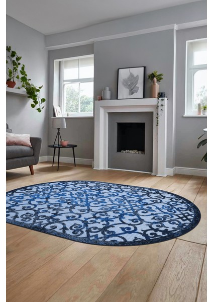 Modern Klasik Desen Dijital Kaymaz Yıkanabilir Oval Yolluk Mutfak Salon Halısı O-Modern-32-Mavi fiyatları
