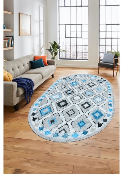 Baskılı Kaymaz Yıkanabilir Etnik Modern Oval Yolluk Mutfak Halısı Salon Halısı O-Modern-60-Mavi fiyatları