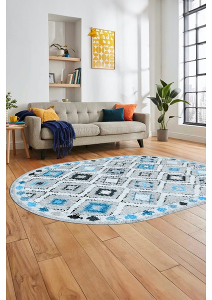 Baskılı Kaymaz Yıkanabilir Etnik Modern Oval Yolluk Mutfak Halısı Salon Halısı O-Modern-60-Mavi modelleri