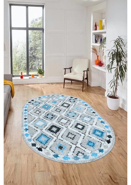 Baskılı Kaymaz Yıkanabilir Etnik Modern Oval Yolluk Mutfak Halısı Salon Halısı O-Modern-60-Mavi fırsatları