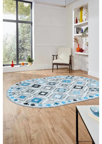 Baskılı Kaymaz Yıkanabilir Etnik Modern Oval Yolluk Mutfak Halısı Salon Halısı O-Modern-60-Mavi indirimleri