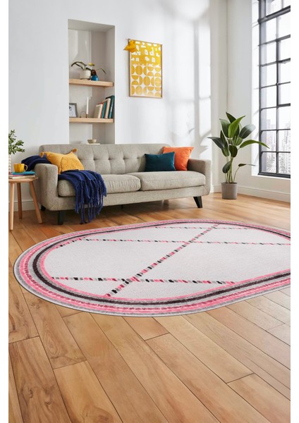 Renkli Modern Kilim Desenli Dijital Kaymaz Yıkanabilir Oval Yolluk Salon Halısı O-Modern-76-Pembe