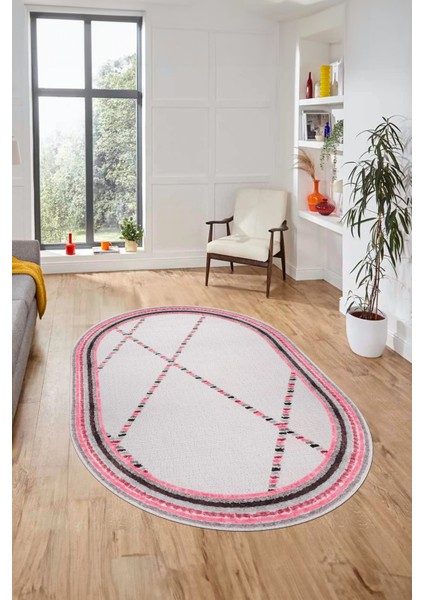 Renkli Modern Kilim Desenli Dijital Kaymaz Yıkanabilir Oval Yolluk Salon Halısı O-Modern-76-Pembe fiyatları