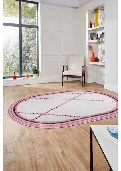 Renkli Modern Kilim Desenli Dijital Kaymaz Yıkanabilir Oval Yolluk Salon Halısı O-Modern-76-Pembe modelleri