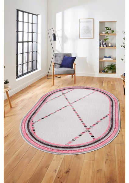 Renkli Modern Kilim Desenli Dijital Kaymaz Yıkanabilir Oval Yolluk Salon Halısı O-Modern-76-Pembe fırsatları