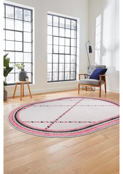Renkli Modern Kilim Desenli Dijital Kaymaz Yıkanabilir Oval Yolluk Salon Halısı O-Modern-76-Pembe indirimleri