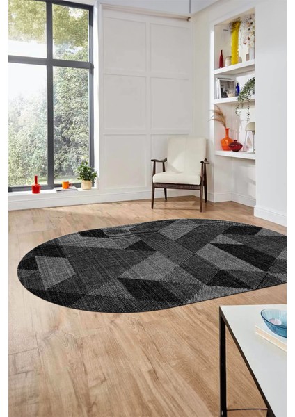 Baskılı Kaymaz Taban Yıkanabilir Modern Şık Oval Yolluk Mutfak Salon Halısı O-Modern-96-Antrasit fiyatları