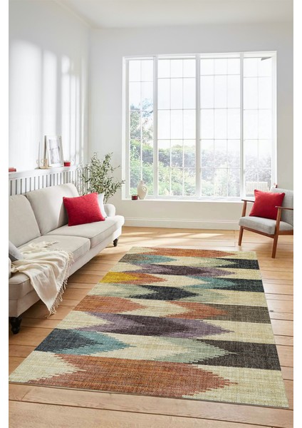 Renkli Desen Baskılı Kaymaz Taban Yıkanabilir Modern Yolluk Salon Halısı MODERN-104-RENKLİ indirimleri