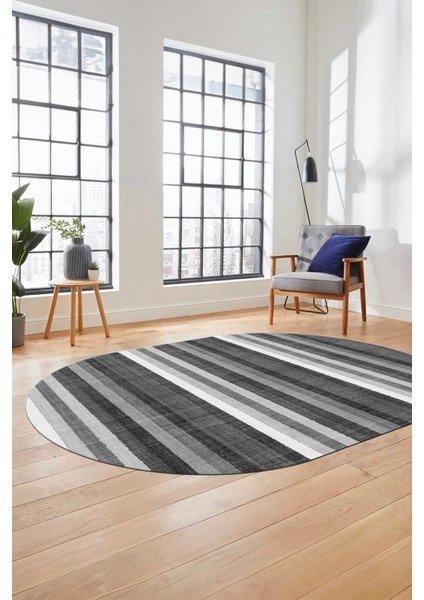 Modern Kilim Desen Dijital Kaymaz Yıkanabilir Oval Yolluk Mutfak Salon Halısı O-Modern-25-Gri