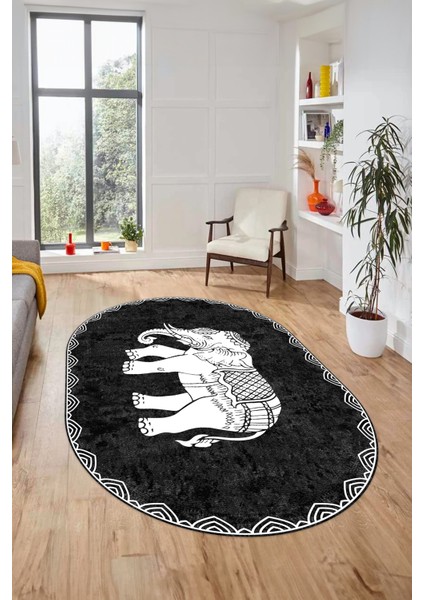 Fil Desen Baskılı Kaymaz Taban Yıkanabilir Modern Oval Yolluk Salon Halısı O-MODERN-101-ANTRASİT