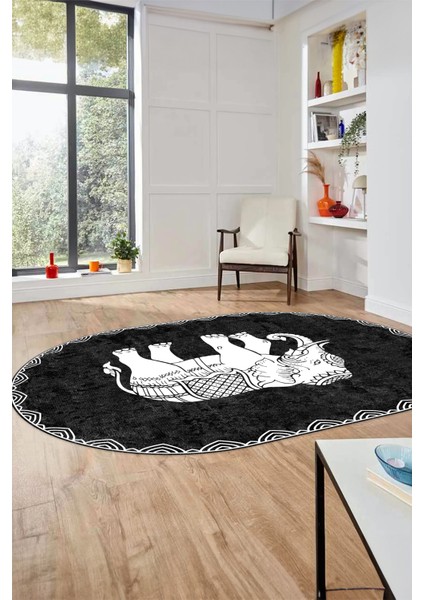 Fil Desen Baskılı Kaymaz Taban Yıkanabilir Modern Oval Yolluk Salon Halısı O-MODERN-101-ANTRASİT fiyatları