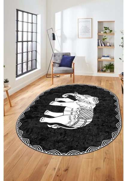 Fil Desen Baskılı Kaymaz Taban Yıkanabilir Modern Oval Yolluk Salon Halısı O-MODERN-101-ANTRASİT modelleri