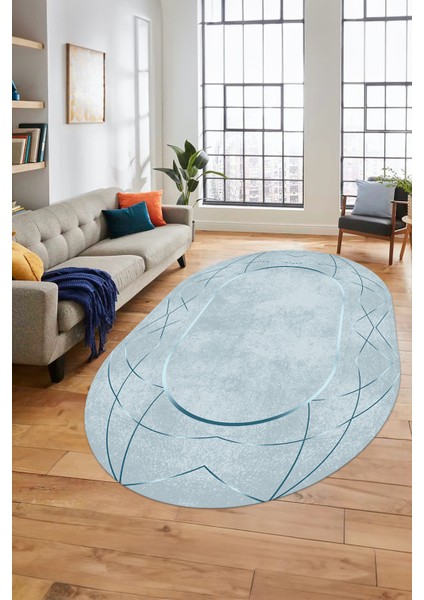 Baskılı Kaymaz Yıkanabilir Zarif Modern Oval Yolluk Mutfak Halısı Salon Halısı O-Modern-62-Mavi