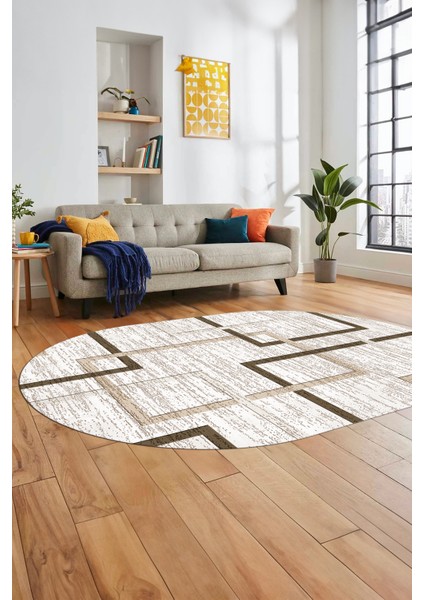 Sade Desen Modern Tasarım Dijital Kaymaz Yıkanabilir Oval Yolluk Salon Halısı O-Modern-80-Kahve