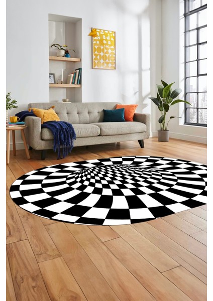 3D Renkli Modern Tasarım Dijital Kaymaz Yıkanabilir Oval Yolluk Salon Halısı O-Modern-78-Siyah