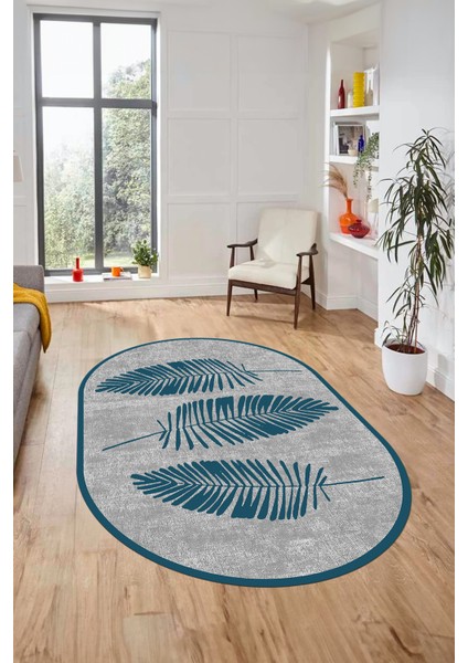 Baskılı Kaymaz Yıkanabilir Modern Yaprak Desen Oval Yolluk Mutfak Salon Halısı O-Modern-41-Mavi indirimleri