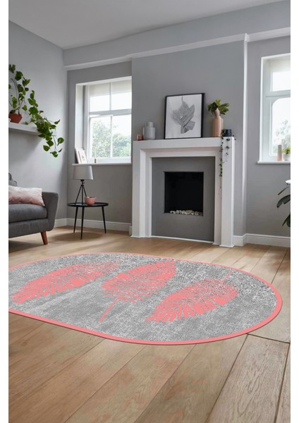 Baskılı Kaymaz Yıkanabilir Modern Yaprak Desen Oval Yolluk Mutfak Salon Halısı O-Modern-41-Pembe fiyatları
