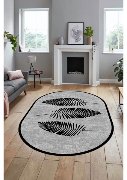 Baskılı Kaymaz Yıkanabilir Modern Yaprak Desen Oval Yolluk Mutfak Salon Halısı O-Modern-41-Siyah