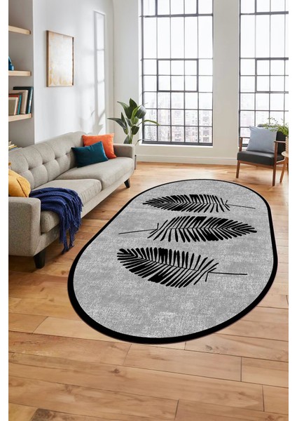 Baskılı Kaymaz Yıkanabilir Modern Yaprak Desen Oval Yolluk Mutfak Salon Halısı O-Modern-41-Siyah modelleri