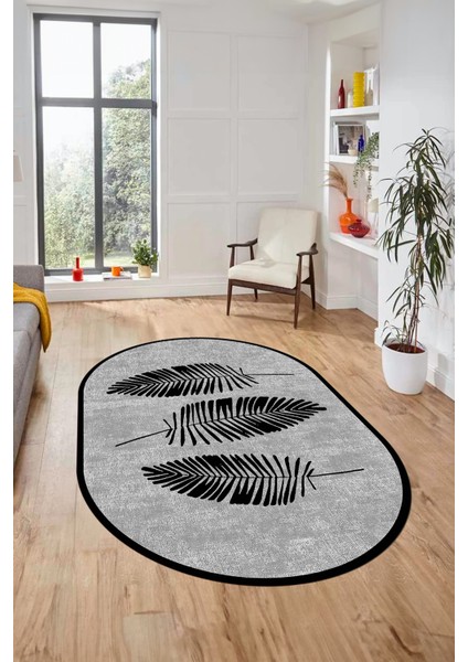Baskılı Kaymaz Yıkanabilir Modern Yaprak Desen Oval Yolluk Mutfak Salon Halısı O-Modern-41-Siyah indirimleri