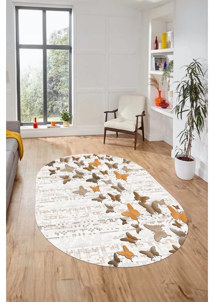 Baskılı Kaymaz Yıkanabilir Kelebek Desen Oval Yolluk Mutfak Salon Halısı O-Modern-42-Kahve indirimleri
