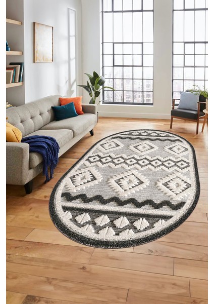 3D Baskılı Kaymaz Yıkanabilir Şık Kilim Desen Oval Yolluk Halısı Salon Halısı O-Modern-68-Krem